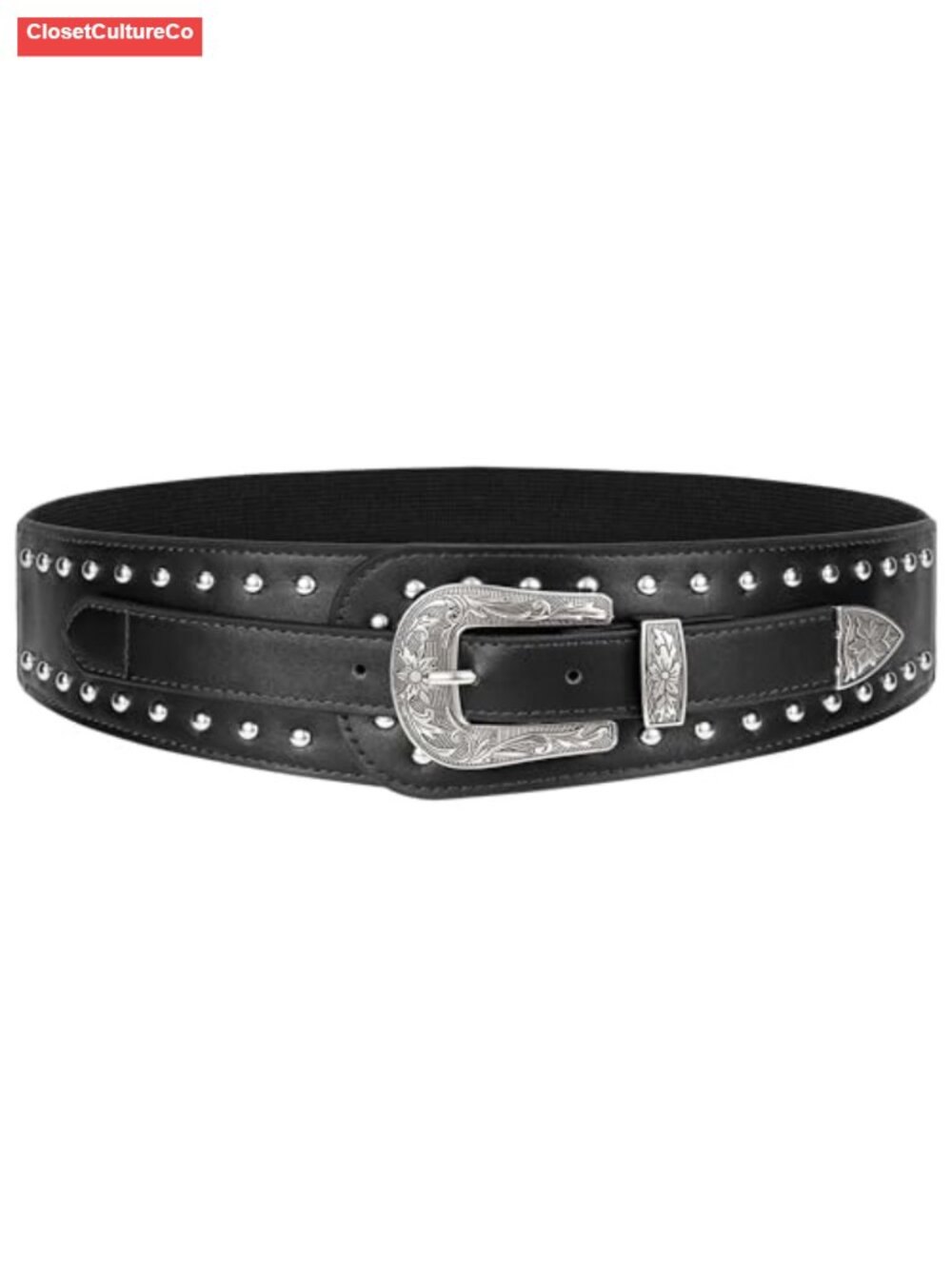 Women's Wide Stretch Belt Vintage Buckle Studded Faux Leather